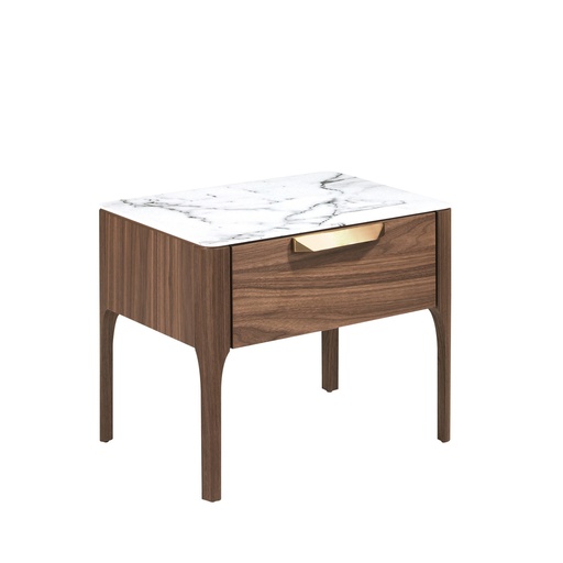 [7038] Walnut bedside table with imitation marble glass top and interior lighting