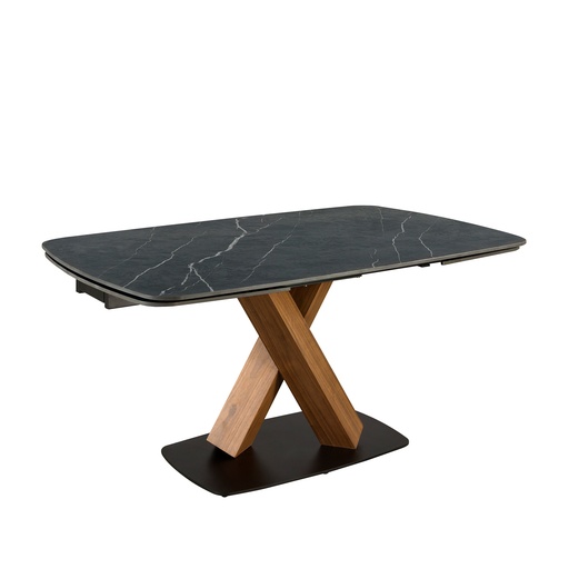 [1149] Oval extending dining table with porcelain marble and walnut barrel