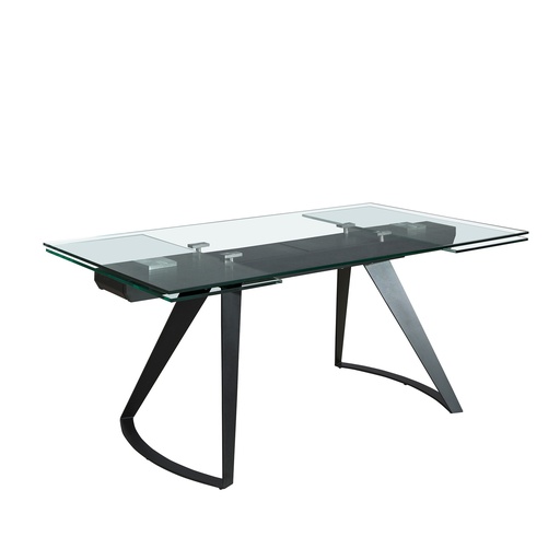 [1150] Rectangular extendable dining table in tempered glass and black steel