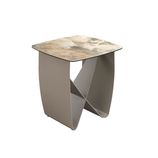 [2145] Table d'angle carrée en marbre porcelaine et acier taupe métallique