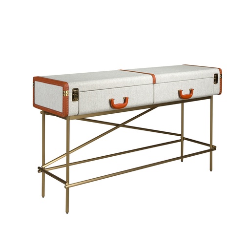 [3271] Consola rectangular tela, nogal y acero pulido dorado