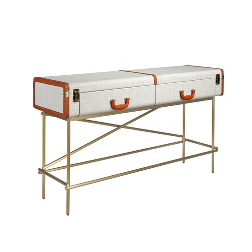 [3271] Rectangular console table, fabric, walnut and golden polished steel