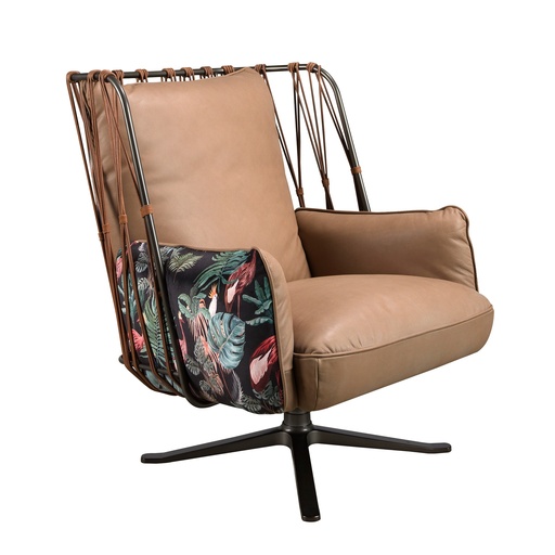 [5168] Brown leather and fabric swivel armchair with brown print