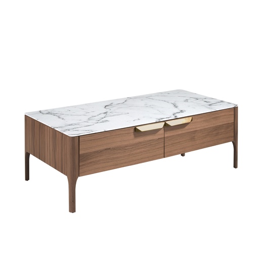 [2046] Rectangular glass coffee table imitating marble and walnut