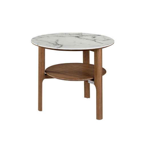 [2047] Ronde hoektafel van porselein marmer en walnoot