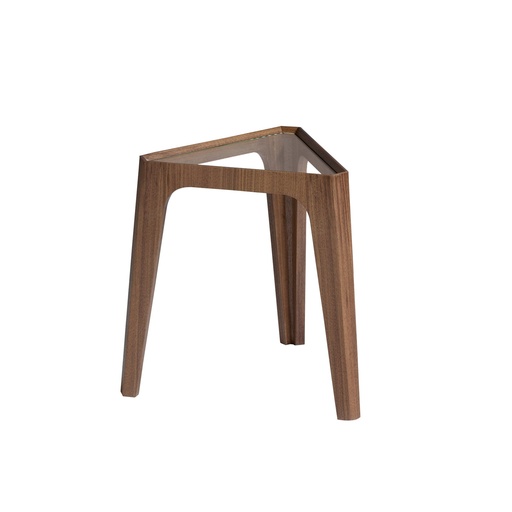 [2107] Driehoekige hoektafel van gehard glas en walnoot