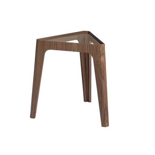 [2106] Driehoekige hoektafel van gehard glas en walnoot