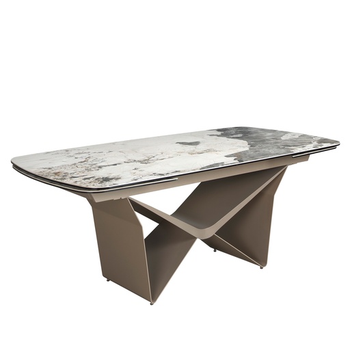 [1154] Oval extending dining table oval barrel porcelain marble and taupe metallic steel