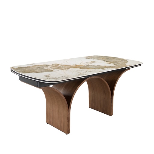 [1156] Rectangular extending dining table in porcelain marble and walnut effect steel