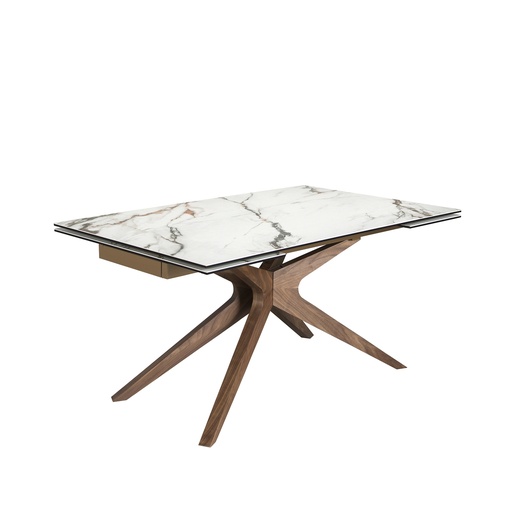 [1157] Rectangular extendable dining table in porcelain marble and walnut