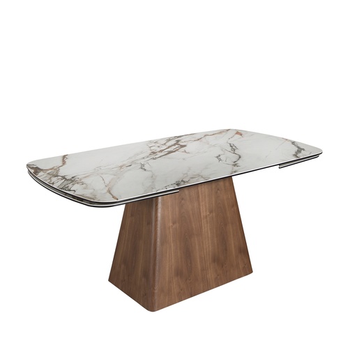 [1158] Mesa comedor extensible rectangular mármol porcelánico y nogal