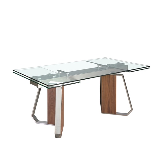 [1159] Mesa comedor extensible rectangular cristal templado, nogal y acero cromado