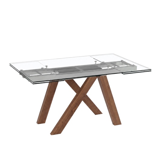 [1011
] Rectangular extendable dining table in tempered glass and walnut