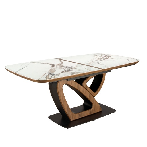 [1161] Mesa de jantar oval extensível com mármore porcelânico e barril em nogueira