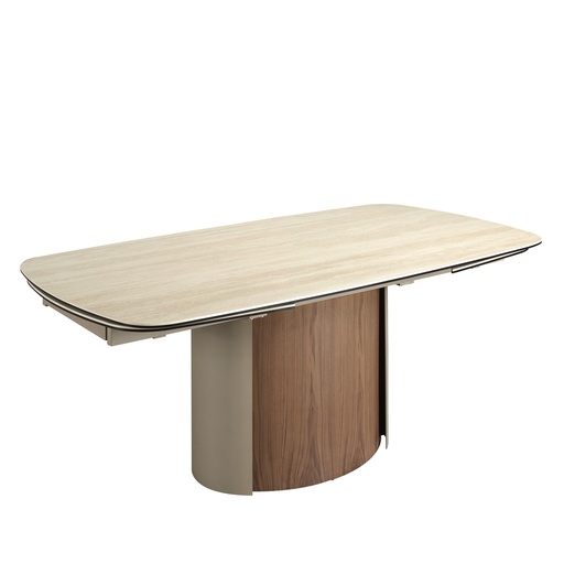 [1162] Rectangular extending dining table in porcelain marble, metallic sand steel and walnut