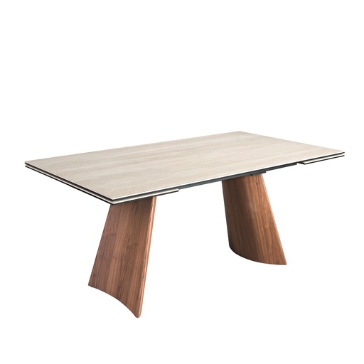 [1164] Mesa de jantar retangular extensível em mármore porcelânico e aço efeito nogueira