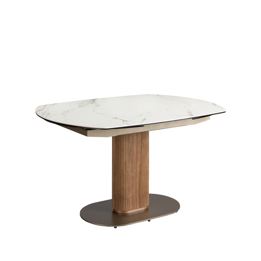 [1165] Oval extending dining table with porcelain marble and walnut barrel