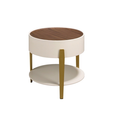 [2150] Round corner table walnut, beige wood and gold-plated polished steel
