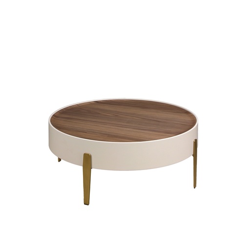 [2151] Table basse ronde en noyer, bois beige et acier poli doré