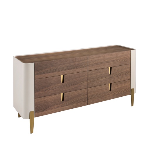 [7185] Chest of drawers beige wood, golden polished steel and walnut top