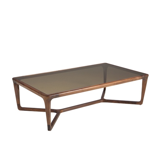 [2154] Rectangular coffee table in smoked brown glass and walnut