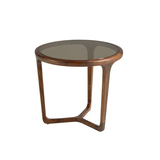 [2155] Round Brown Smoked Glass and Walnut Side Table