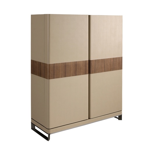 [3276] Hoher Sideboard aus Kunstleder, Nussbaum und poliertem Stahl