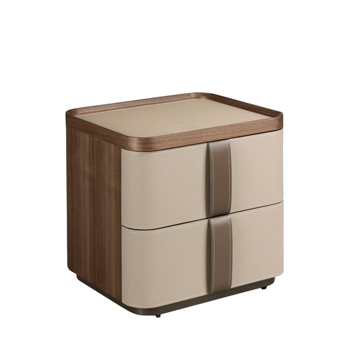 [7204] Leatherette bedside table, walnut and polished steel base