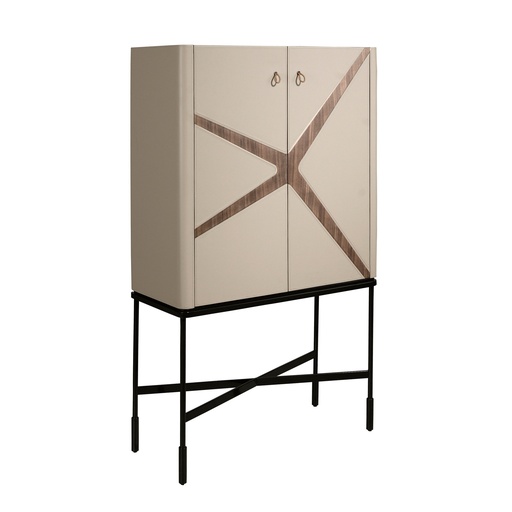 [3280] Credenza alta in similpelle, noce e acciaio nero