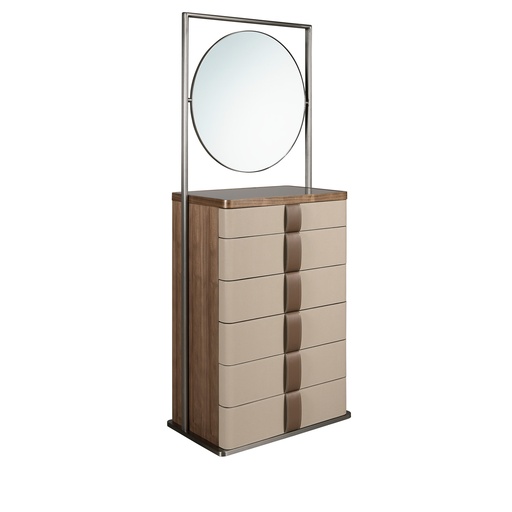 [7205] Leatherette chiffonier, walnut, grey steel and brown smoked glass top with mirror