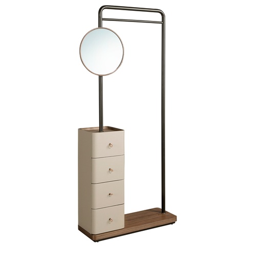 [3281] Mink leatherette, walnut, and black steel coat rack with mirror