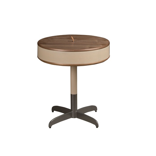 [2156] Table d'angle ronde en similicuir, noyer et acier gris