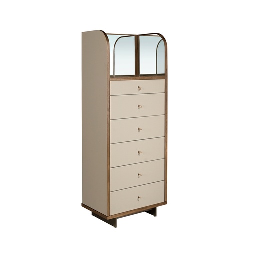 [7206] Commode en similicuir, noyer et acier poli avec miroir