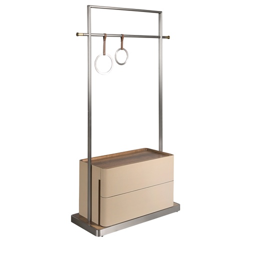 [3282] Mink leatherette, walnut, and stainless steel coat rack